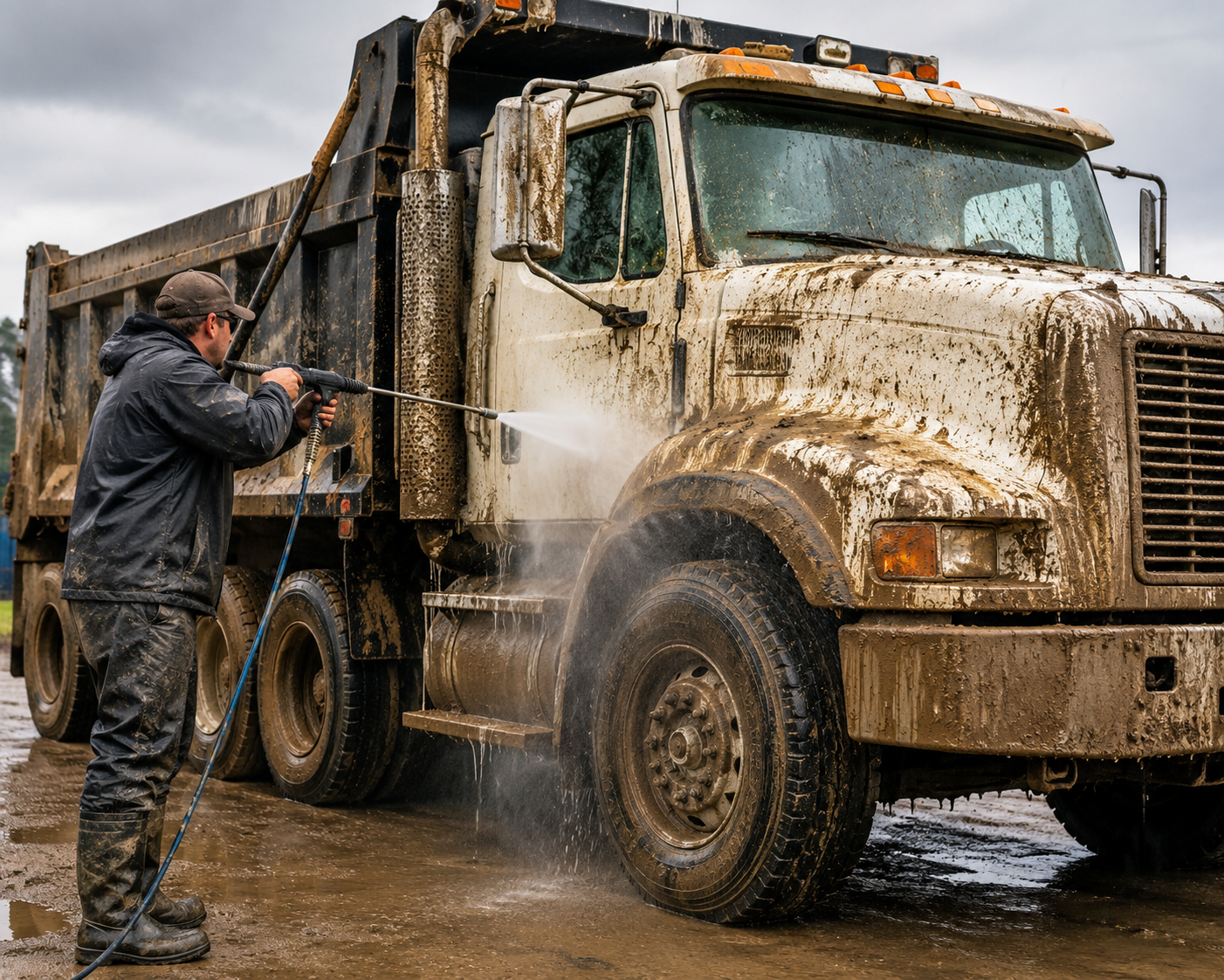 Man pressure washing a muddy work truck