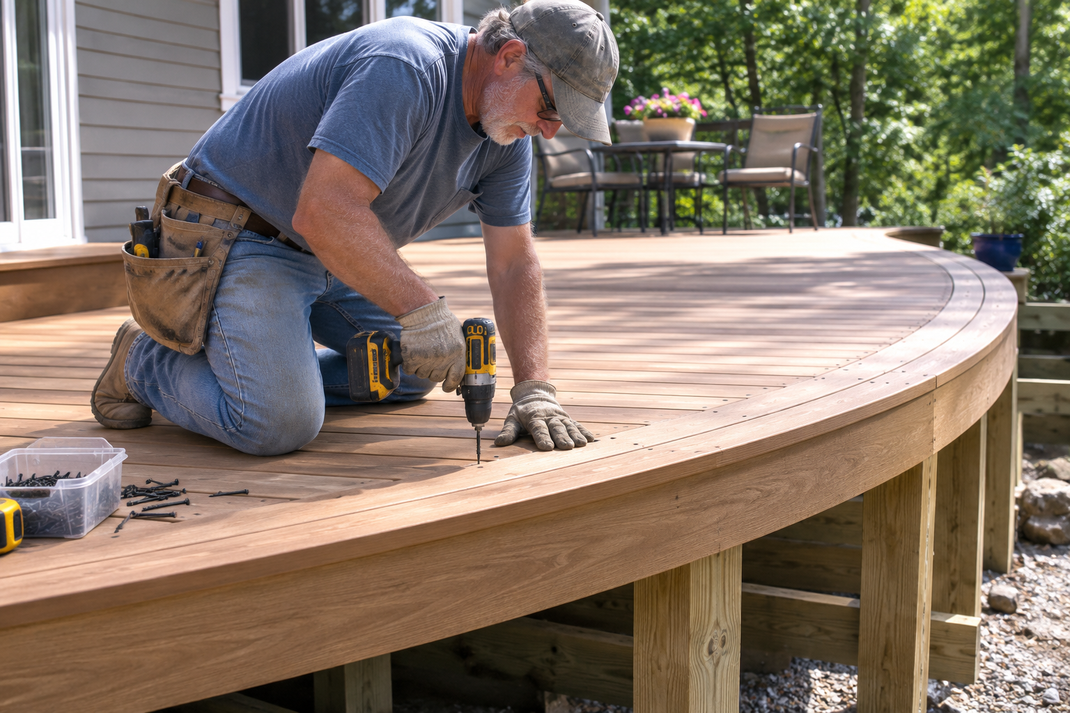 Man building a curved wood deck with a drill