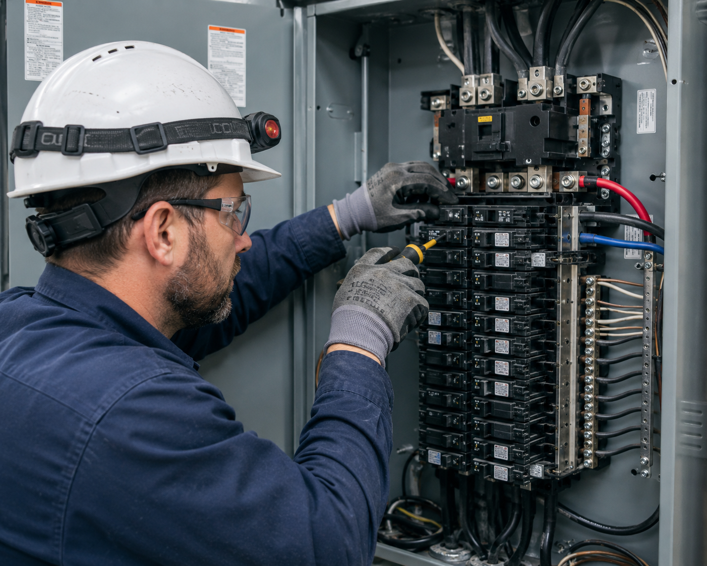 Electrician working inside a residential breaker panel
