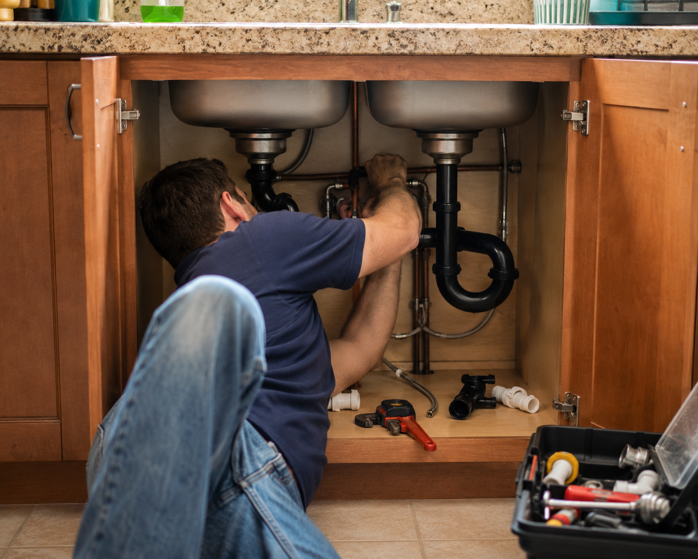 Man working on plumbing under a kitchen sink