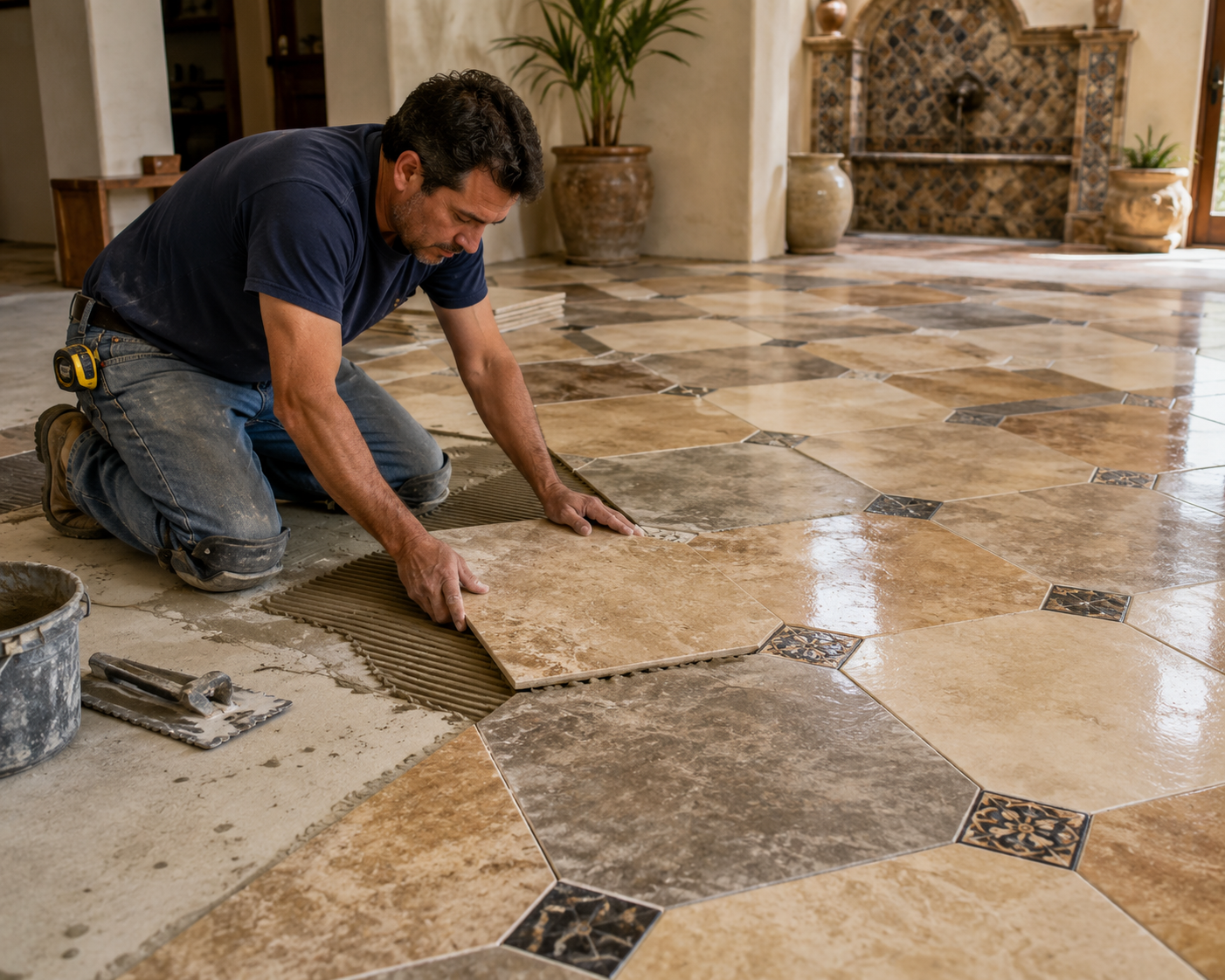 Man laying a tile floor
