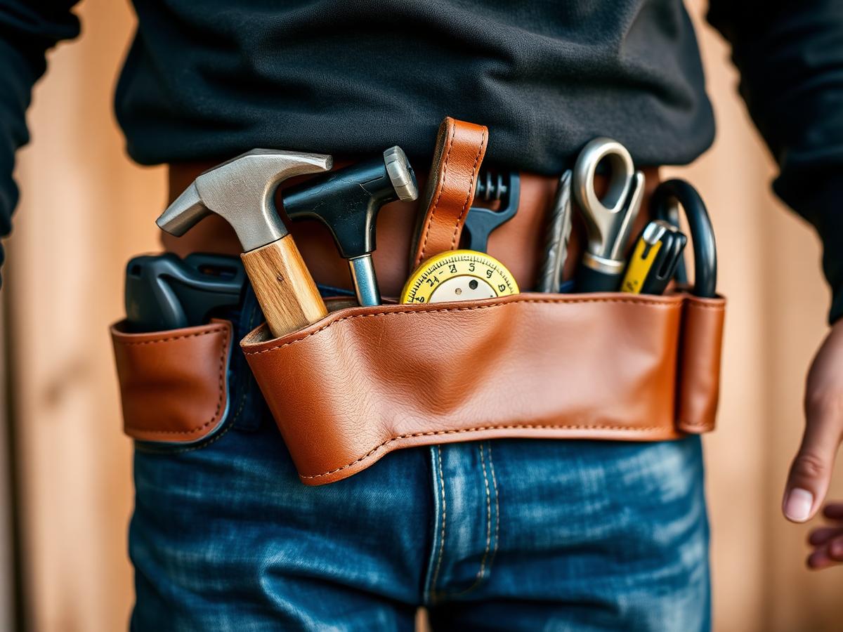 Close-up of a leather tool belt loaded with carpentry tools on a man's hip