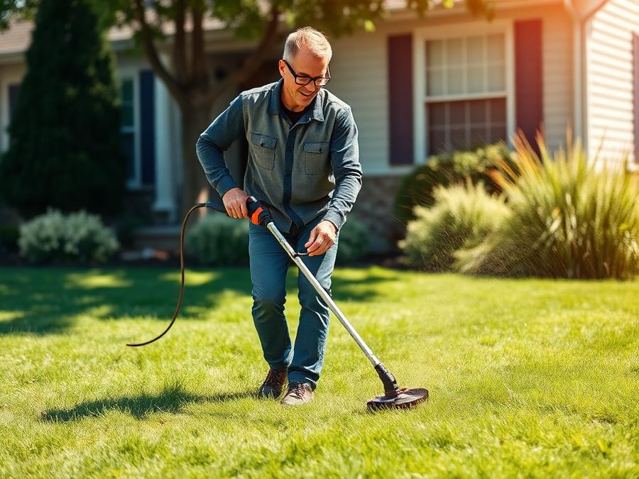 Man using a string trimmer on a residential lawn